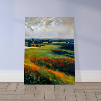 A serene landscape painting of rolling meadows with vibrant wildflowers and distant trees under a dramatic sky.