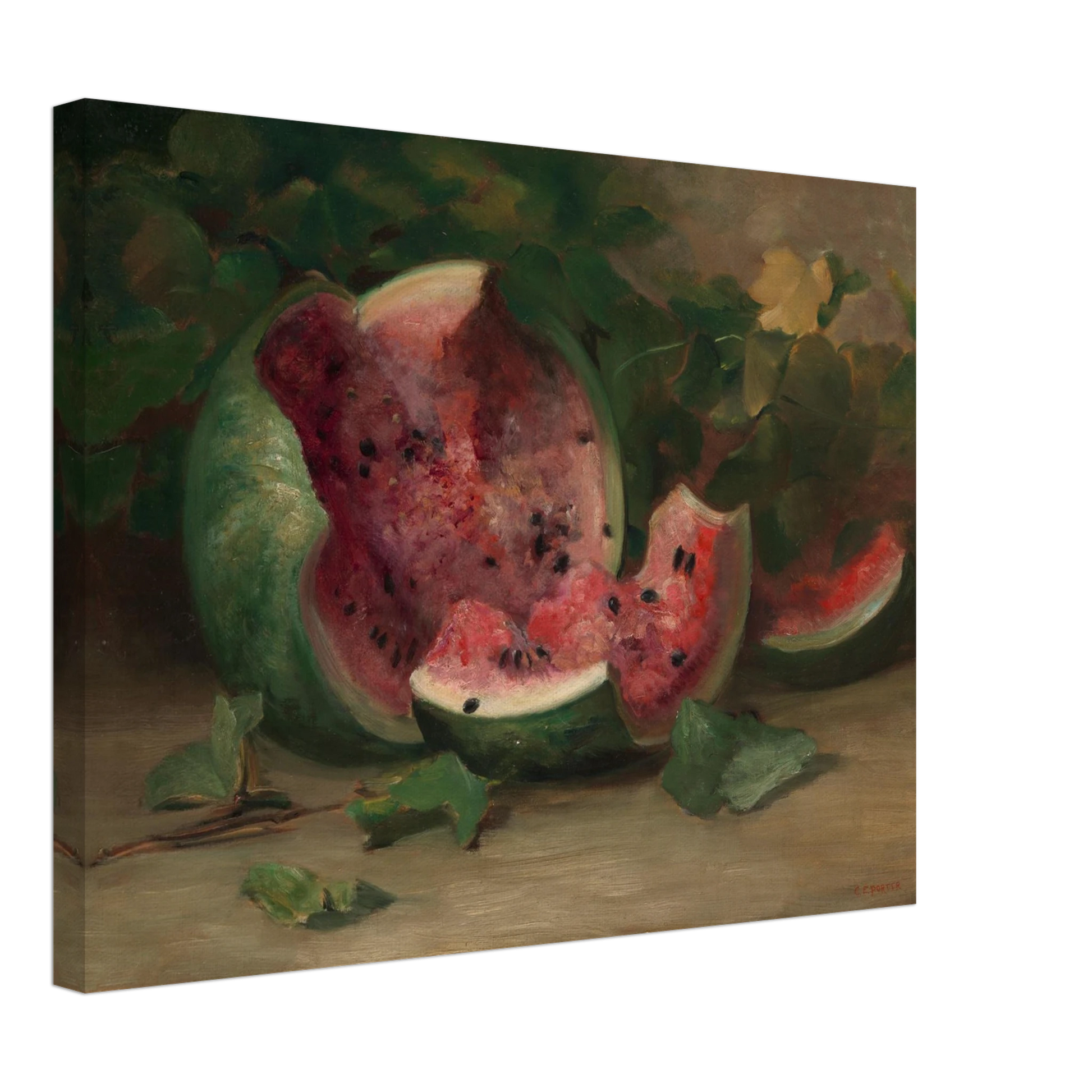 A cracked watermelon and red slices rest among green vines and leaves in a richly painted still life.
