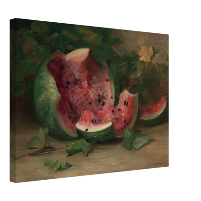 A cracked watermelon and red slices rest among green vines and leaves in a richly painted still life.