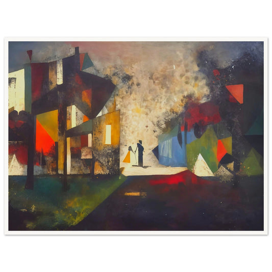 Abstract painting with silhouettes of two figures in a fragmented geometric cityscape, featuring vibrant hues of red, blue, and yellow.