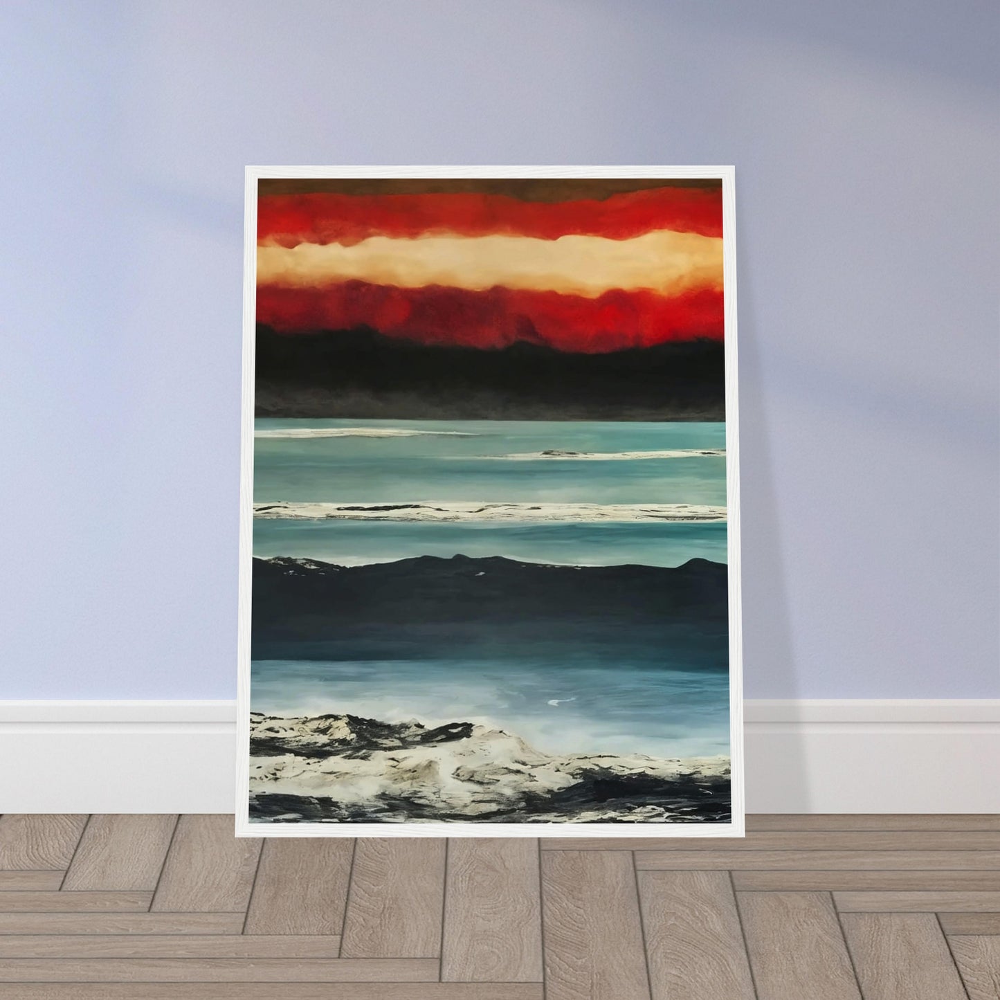 A dramatic painting capturing a coastal landscape at sunset. The sky is filled with intense red and orange hues, transitioning into darker tones as it meets the horizon. Below, the calm sea reflects the varying shades of blue, while the shoreline is marked by rugged, textured terrain. The contrasting colors and textures create a powerful and moody atmosphere in this evocative seascape.