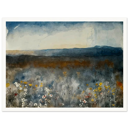 A painting of a misty meadow with wildflowers in the foreground and distant mountains under a cloudy sky.