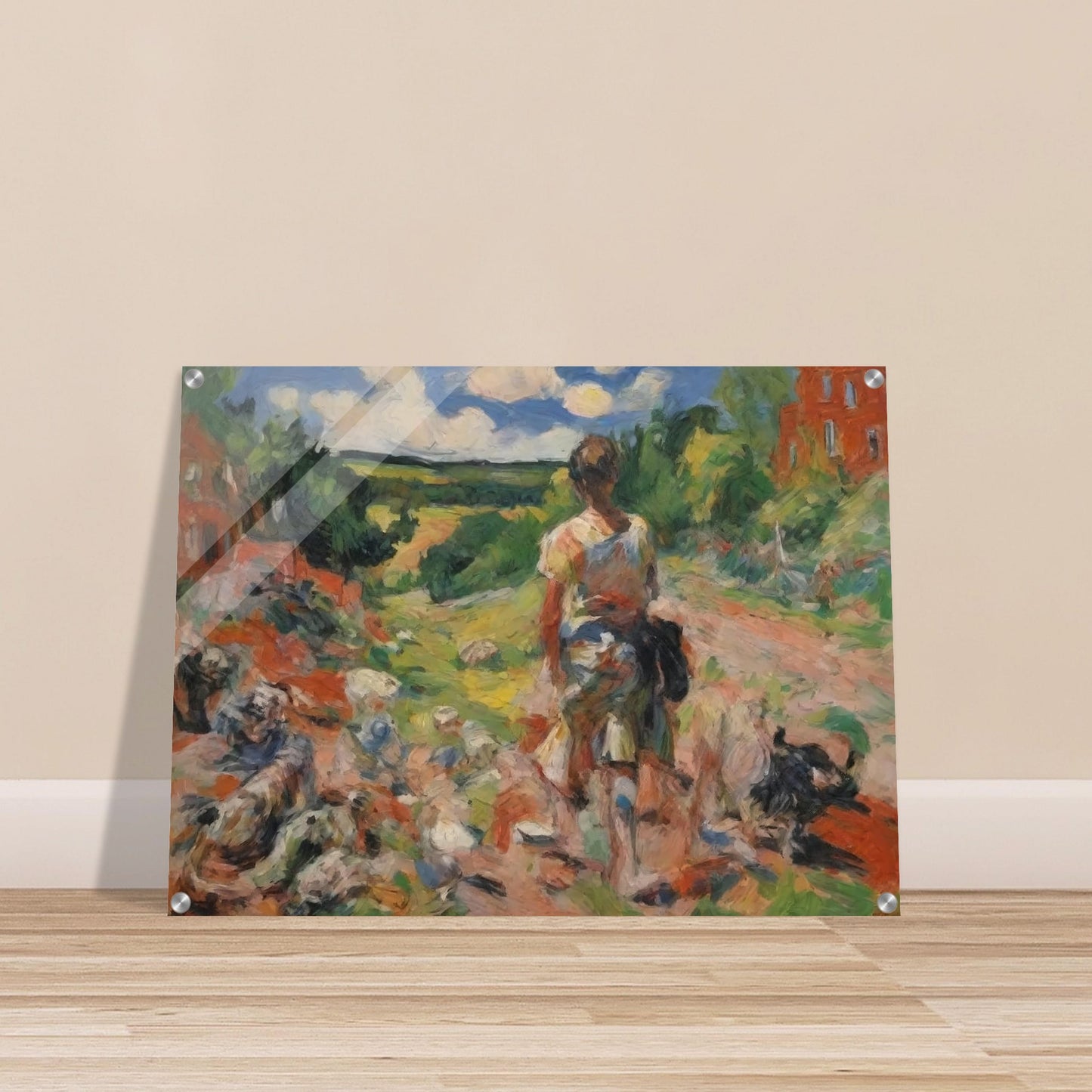 An expressive painting of a shepherd walking with a flock of sheep along a colorful, scenic countryside path.