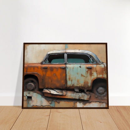 A captivating painting of a rusted vintage car with faded orange and blue paint, set against a textured and peeling wall background.