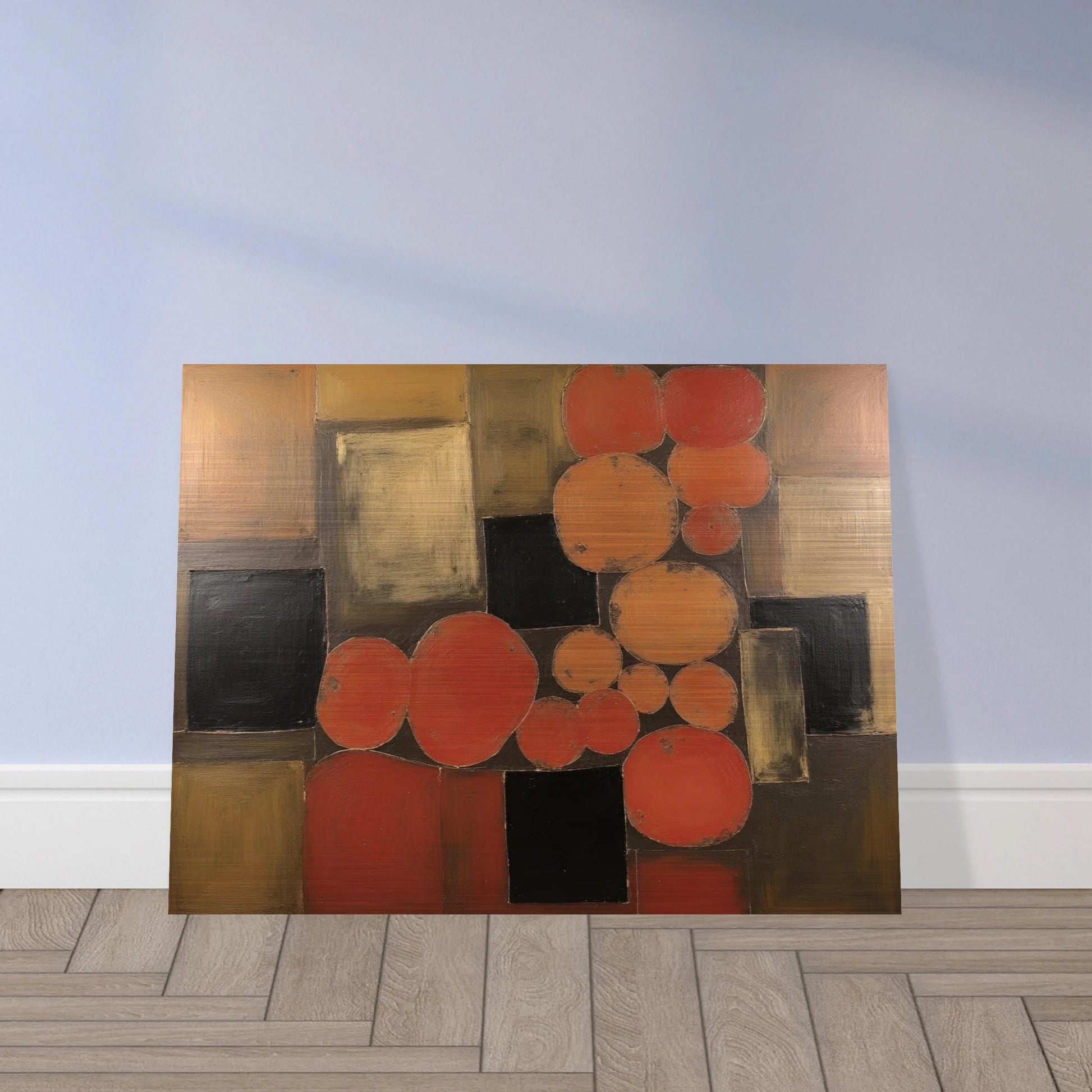 Warm orange and brown circles overlap dark squares in a geometric field, creating a rhythmic balance of earth tones and light.