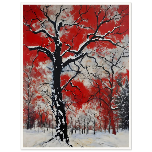 Snow-draped black tree branches standing stark against a vivid red and white sky, evoking a fiery yet wintry contrast.