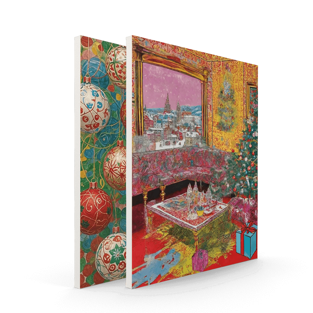 Festive Christmas canvas wall art featuring colorful holiday ornaments and a cozy living room scene with a decorated Christmas tree and wrapped gifts.