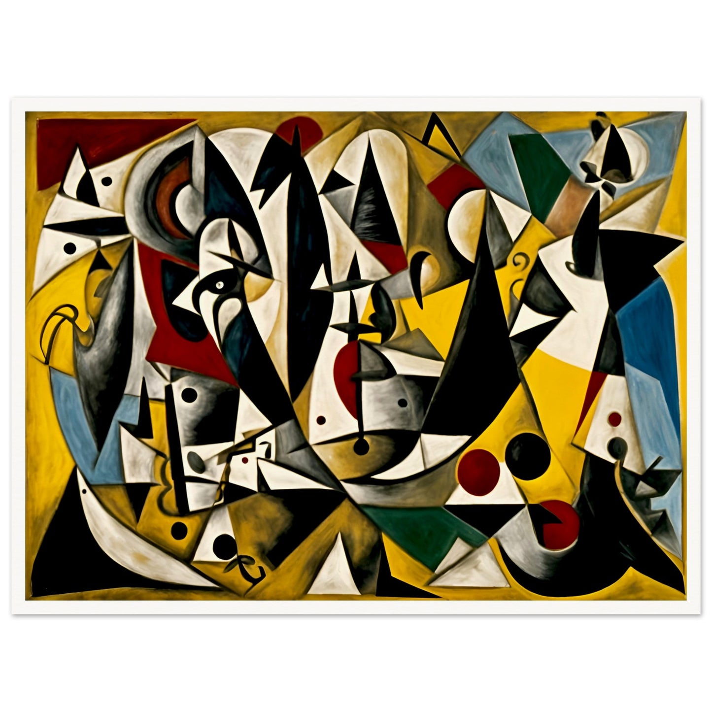 A vibrant geometric composition featuring sharp angles, abstract figures, and bold black, yellow, and red accents in a dynamic scene.