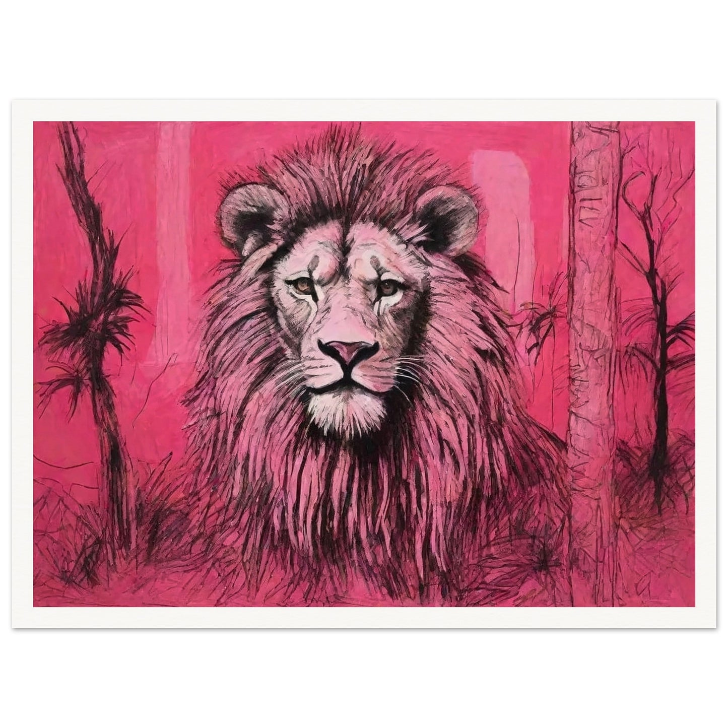 A striking painting of a lion with a majestic mane set against a vivid pink background, capturing the animal's regal presence.