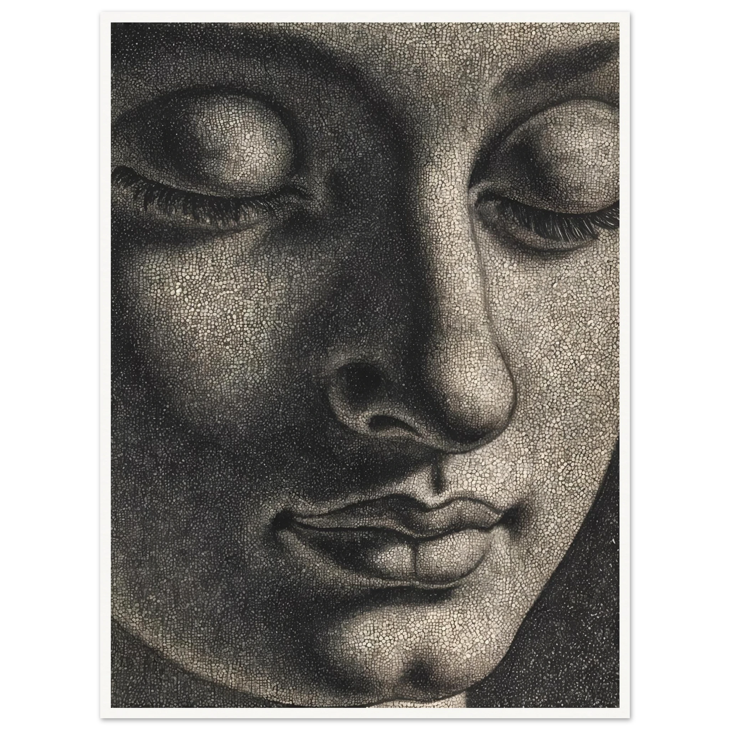 A contemplative monochrome portrait with lowered eyes and soft shadows evokes serenity, introspection, and timeless spiritual calm.
