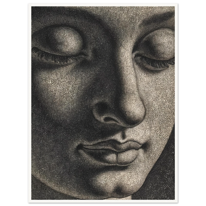 A contemplative monochrome portrait with lowered eyes and soft shadows evokes serenity, introspection, and timeless spiritual calm.
