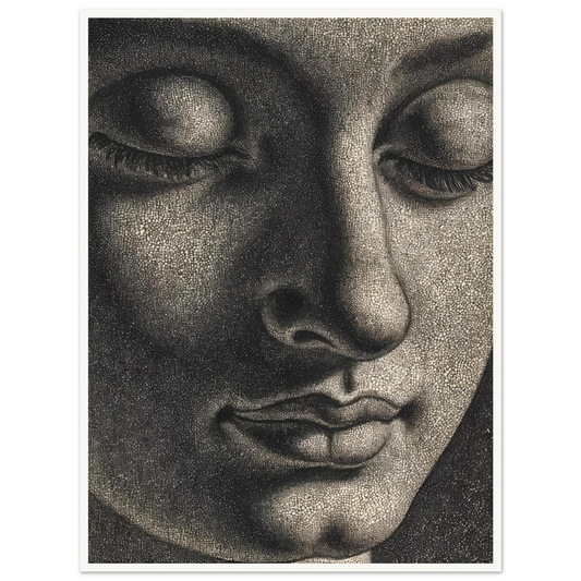 A contemplative monochrome portrait with lowered eyes and soft shadows evokes serenity, introspection, and timeless spiritual calm.