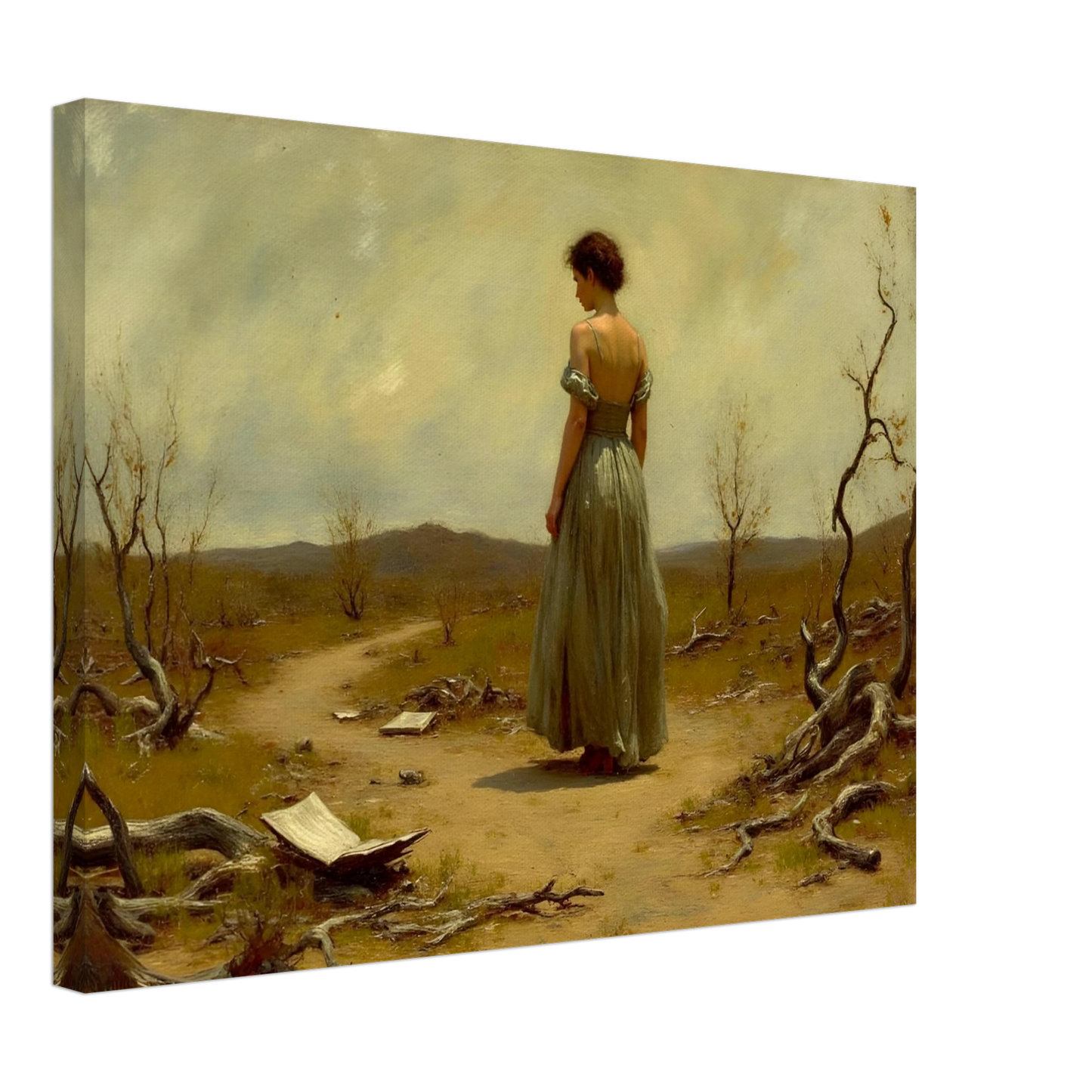 A woman in a flowing dress walks along a desolate path scattered with paper and twisted trees beneath a muted sky.