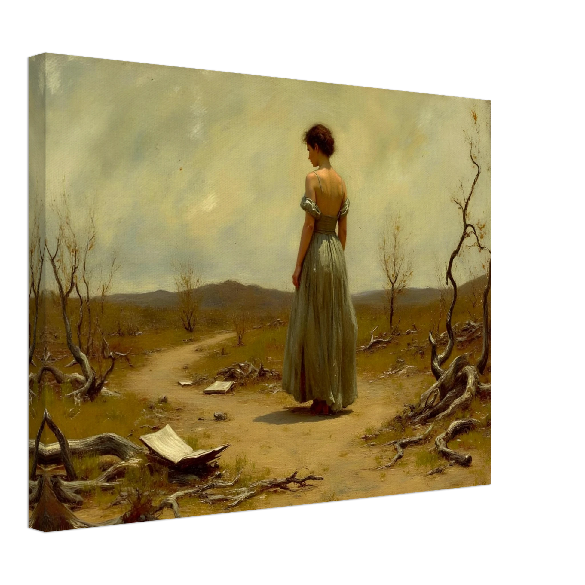 A woman in a flowing dress walks along a desolate path scattered with paper and twisted trees beneath a muted sky.