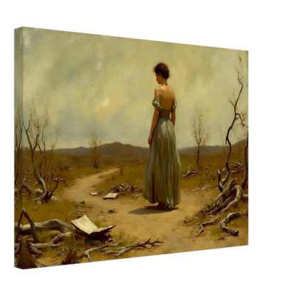 A woman in a flowing dress walks along a desolate path scattered with paper and twisted trees beneath a muted sky.