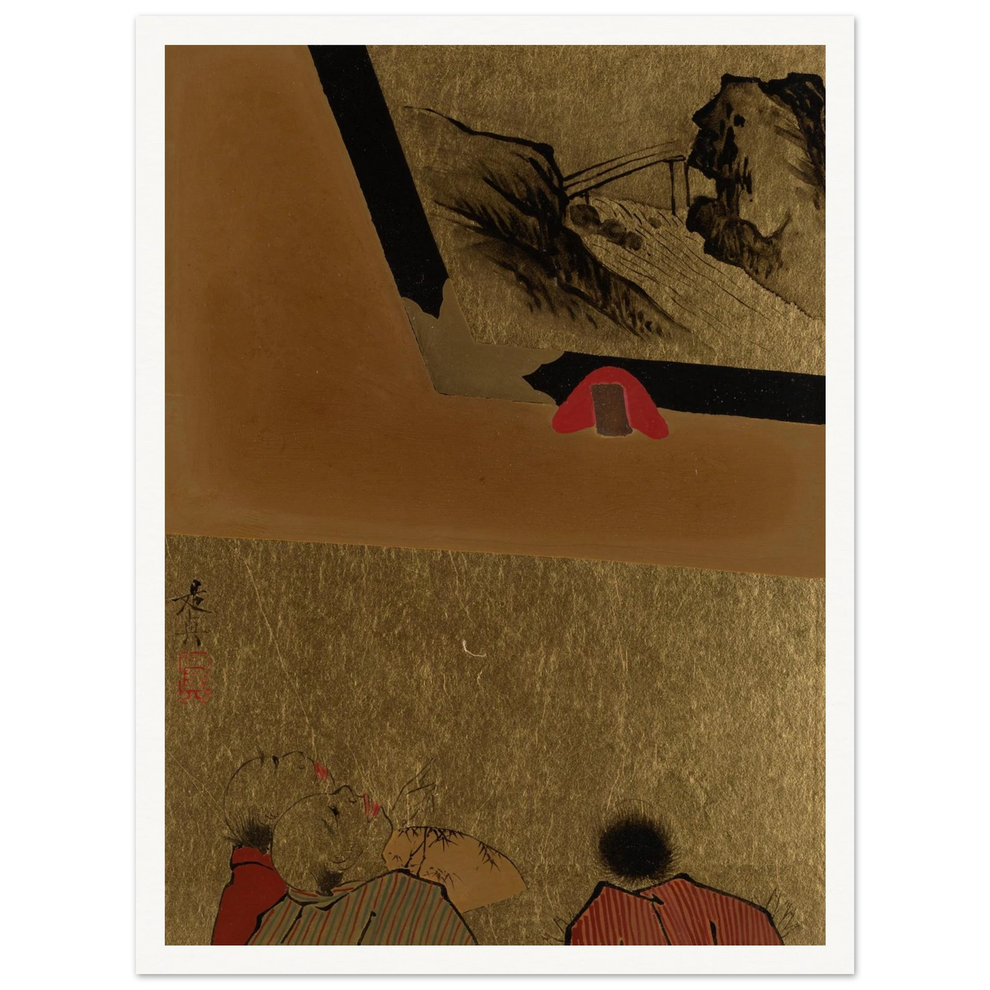 Three men view a framed lacquer drawing on gold paper in a Japanese album leaf