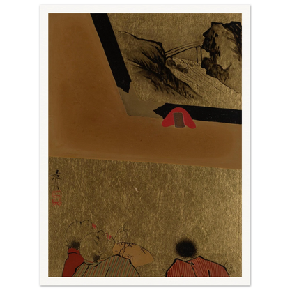 Three men view a framed lacquer drawing on gold paper in a Japanese album leaf
