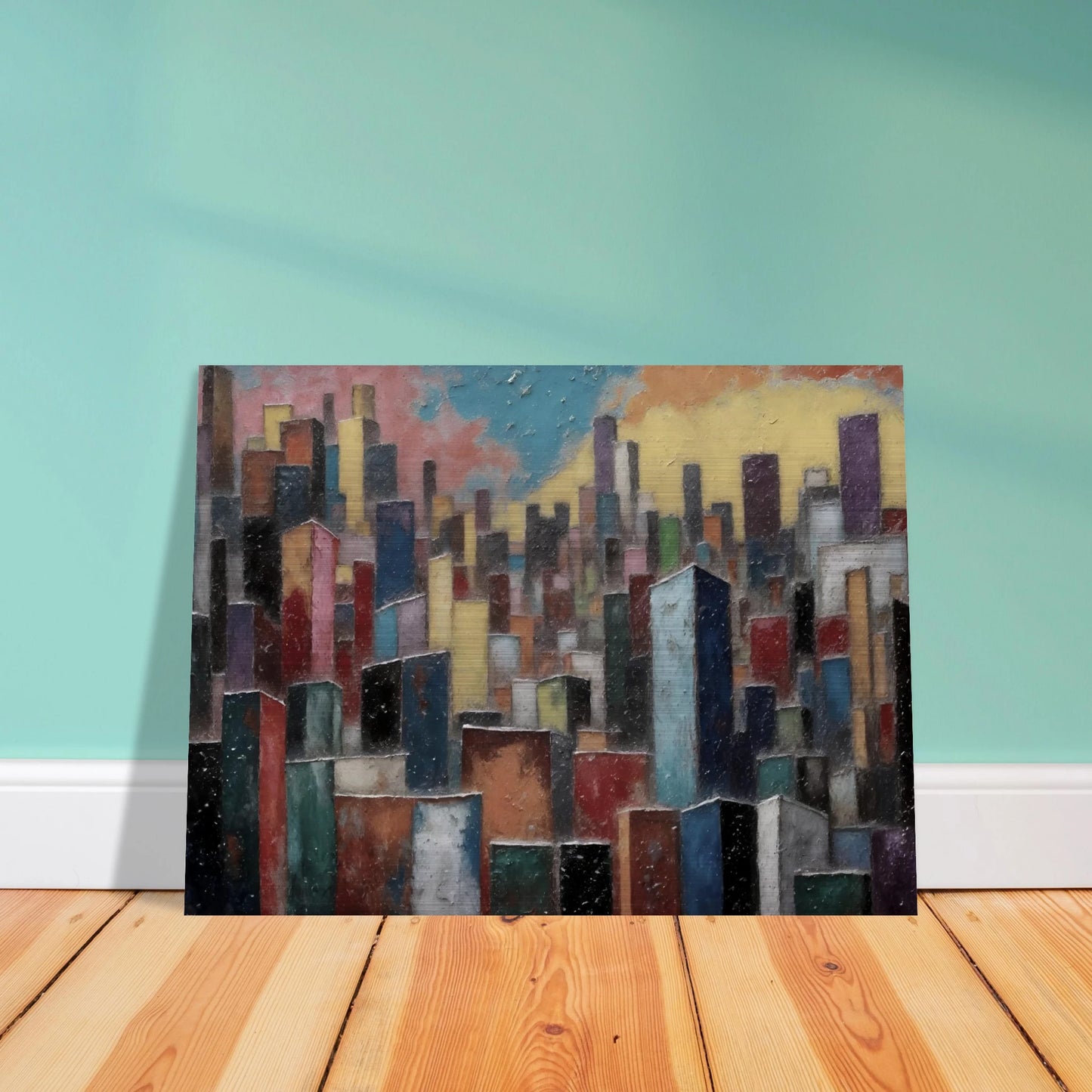 A dense skyline of colorful towers rises beneath a pastel sky, blending urban energy with painterly texture.