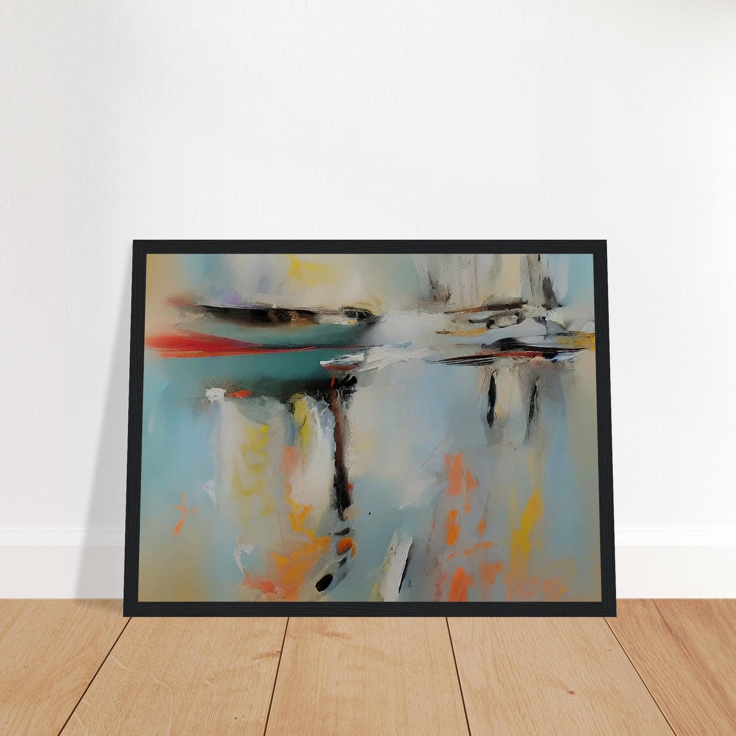 An abstract painting with soft, blurred colors reflecting on a calm water surface, creating a serene and tranquil atmosphere.