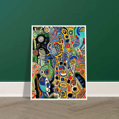 Bold and intricate abstract patterns in vibrant colors like blue, red, yellow, and green, forming a dynamic and energetic composition of swirling shapes.