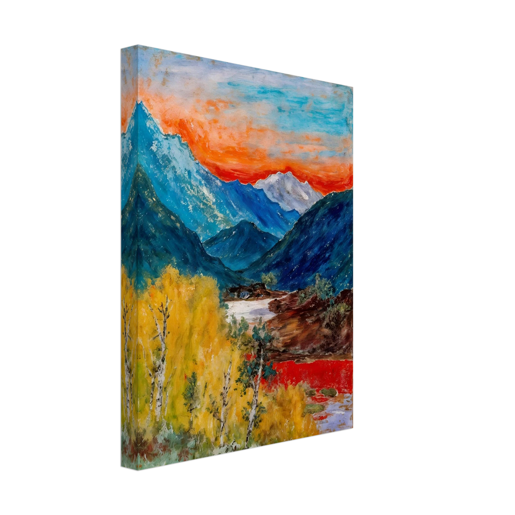 Snow-capped peaks rise above deep blue valleys and golden trees, beneath a fiery sunset glowing across the horizon.