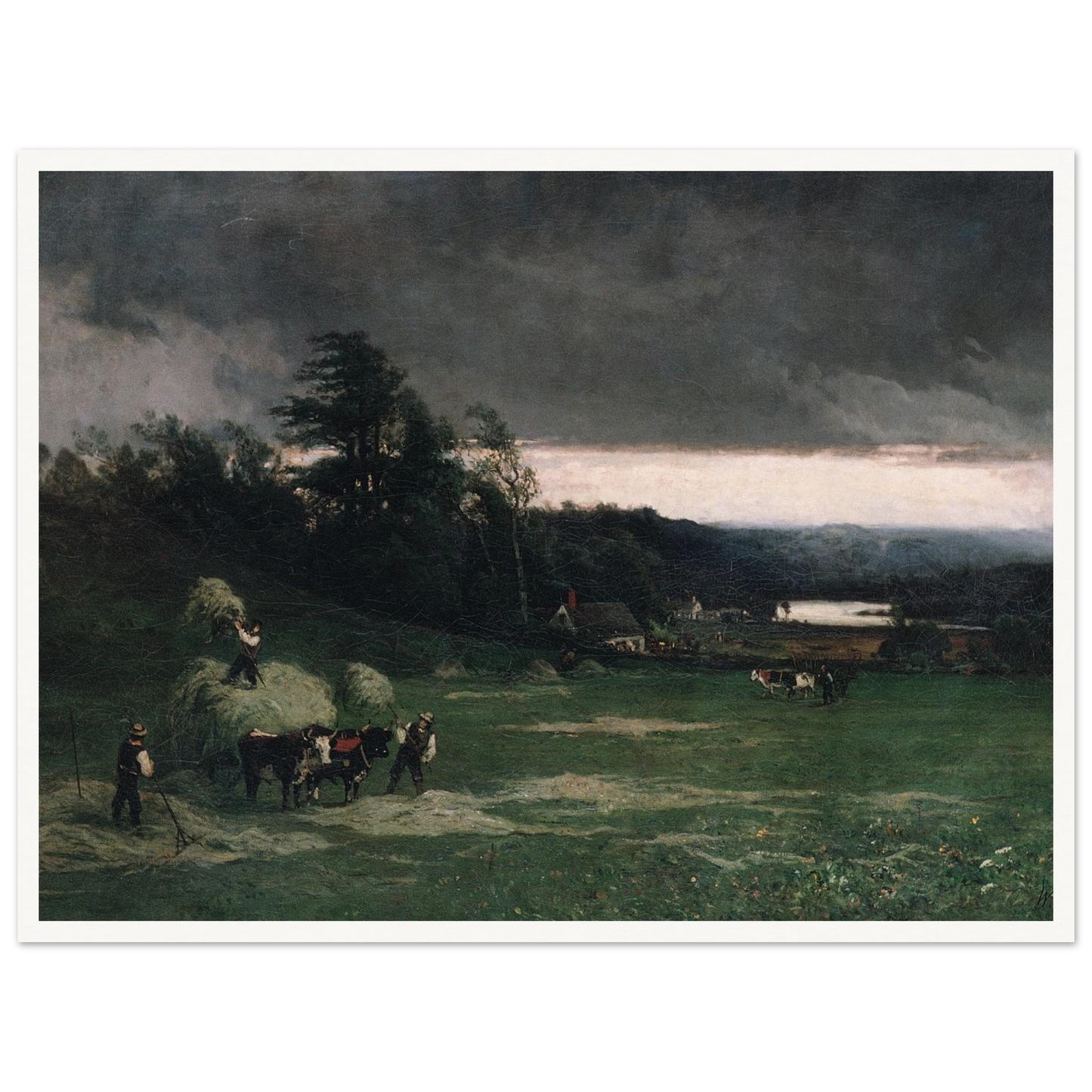 Workers gather hay in a green field under dark storm clouds