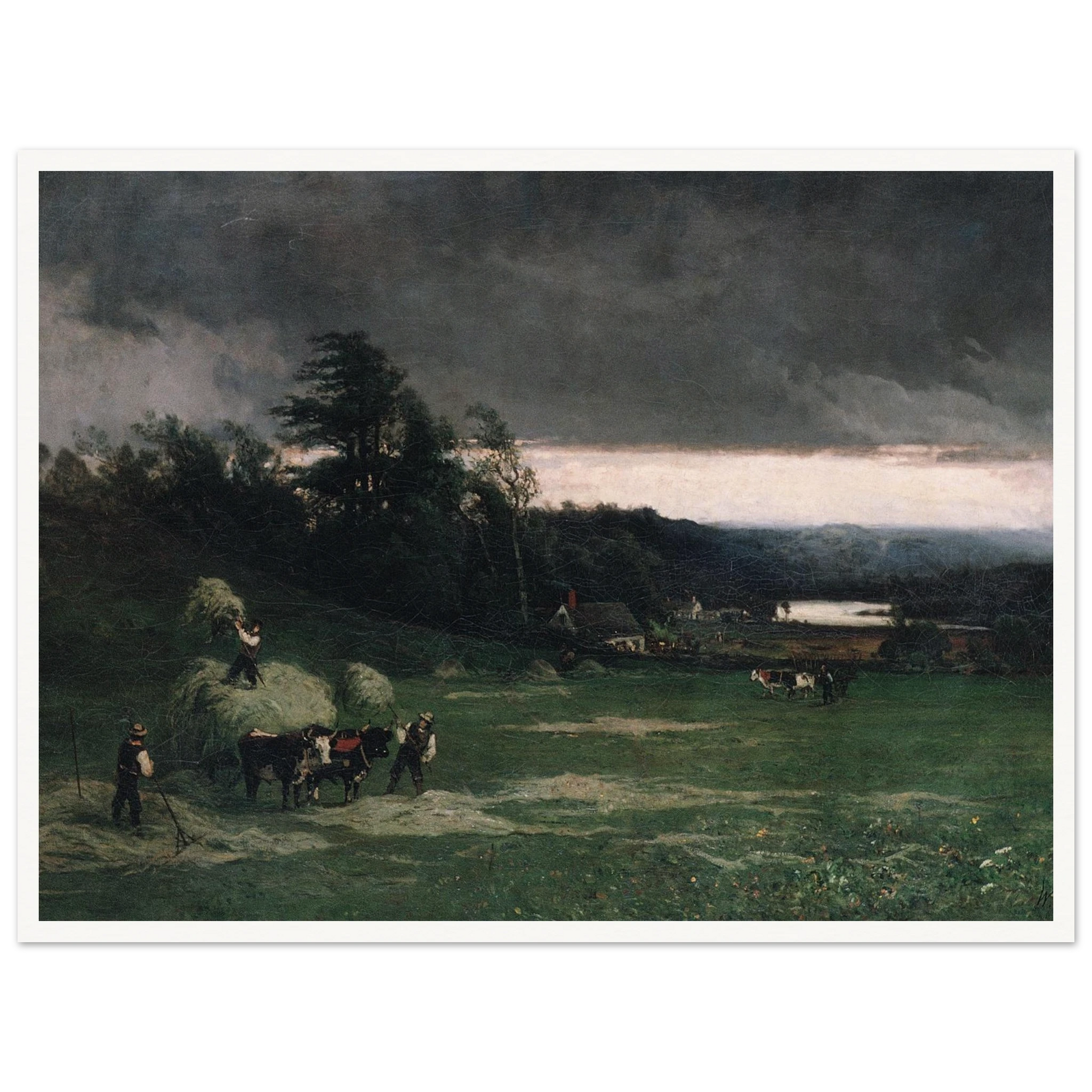 Workers gather hay in a green field under dark storm clouds