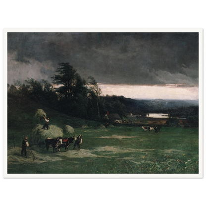 Workers gather hay in a green field under dark storm clouds