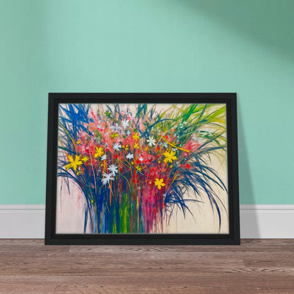 A vibrant explosion of wildflowers in yellow, red, and white bursts from lush green stems, radiating energy and joy.