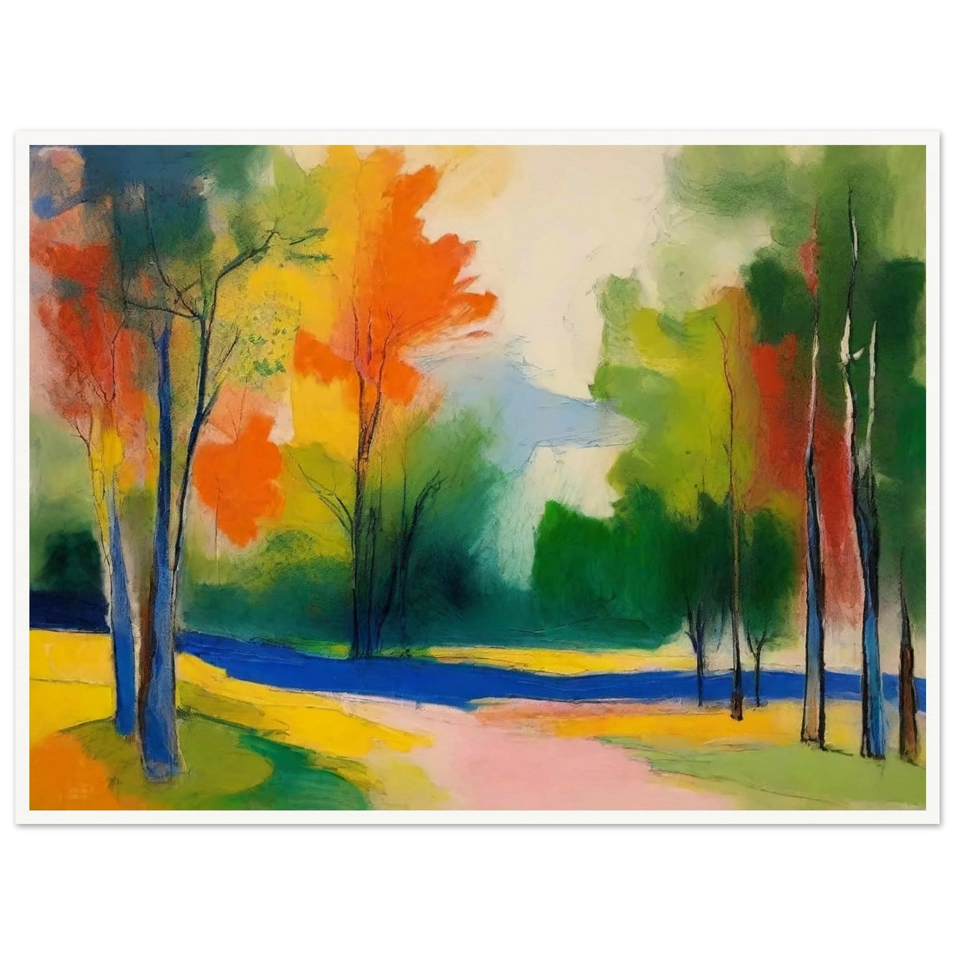 A colorful abstract painting of an autumn landscape, featuring vibrant orange, yellow, green, and blue hues. Trees with slender trunks are scattered throughout the scene, and a winding path leads through the colorful foliage.