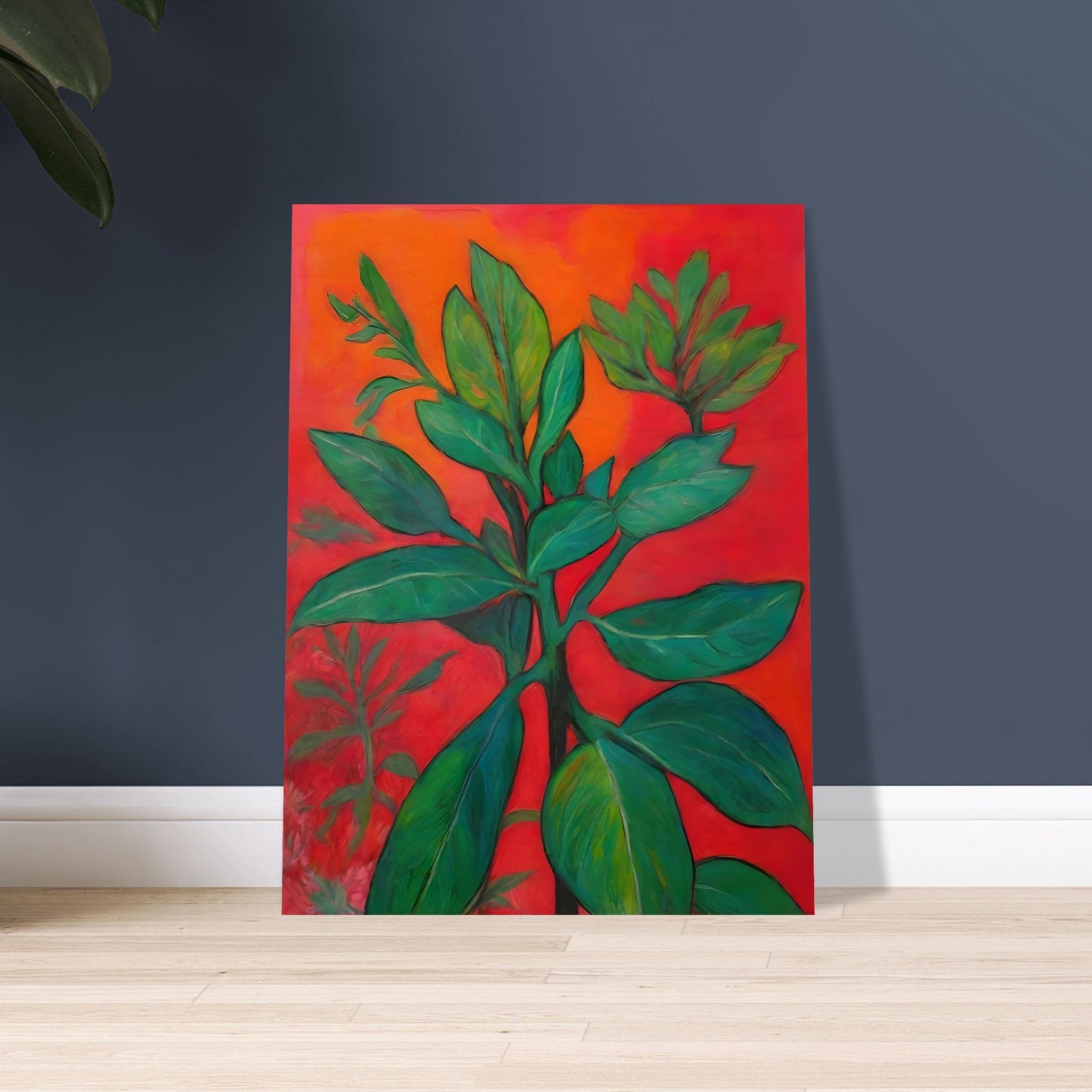 A bold botanical painting featuring lush green leaves set against a fiery red-orange background, creating a striking contrast of nature and warmth.