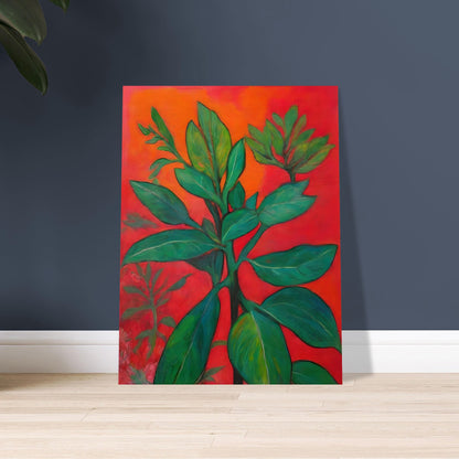 A bold botanical painting featuring lush green leaves set against a fiery red-orange background, creating a striking contrast of nature and warmth.