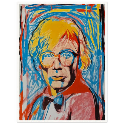 A vivid and energetic pop art portrait featuring a person with bright yellow hair and glasses. The background is filled with dynamic blue and red brushstrokes, adding to the lively and modern feel of the artwork.