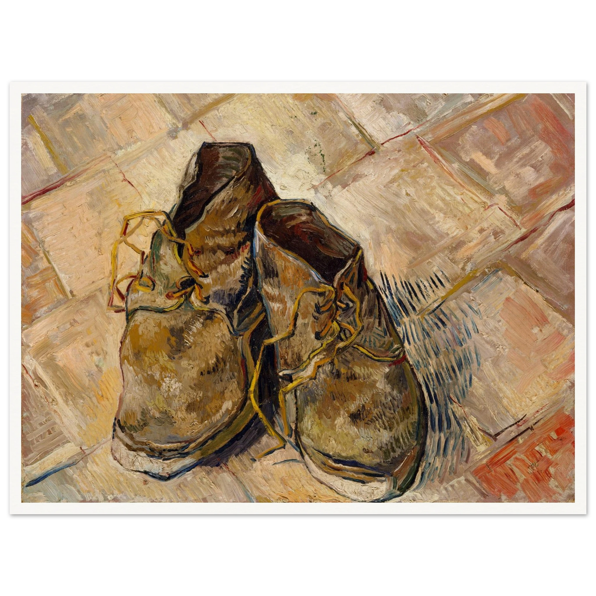 A pair of worn brown shoes with yellow laces rests on a pale tiled floor.