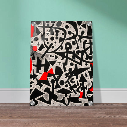 A bold geometric composition featuring black and white abstract symbols, circles, and lines, accented with striking red shapes.