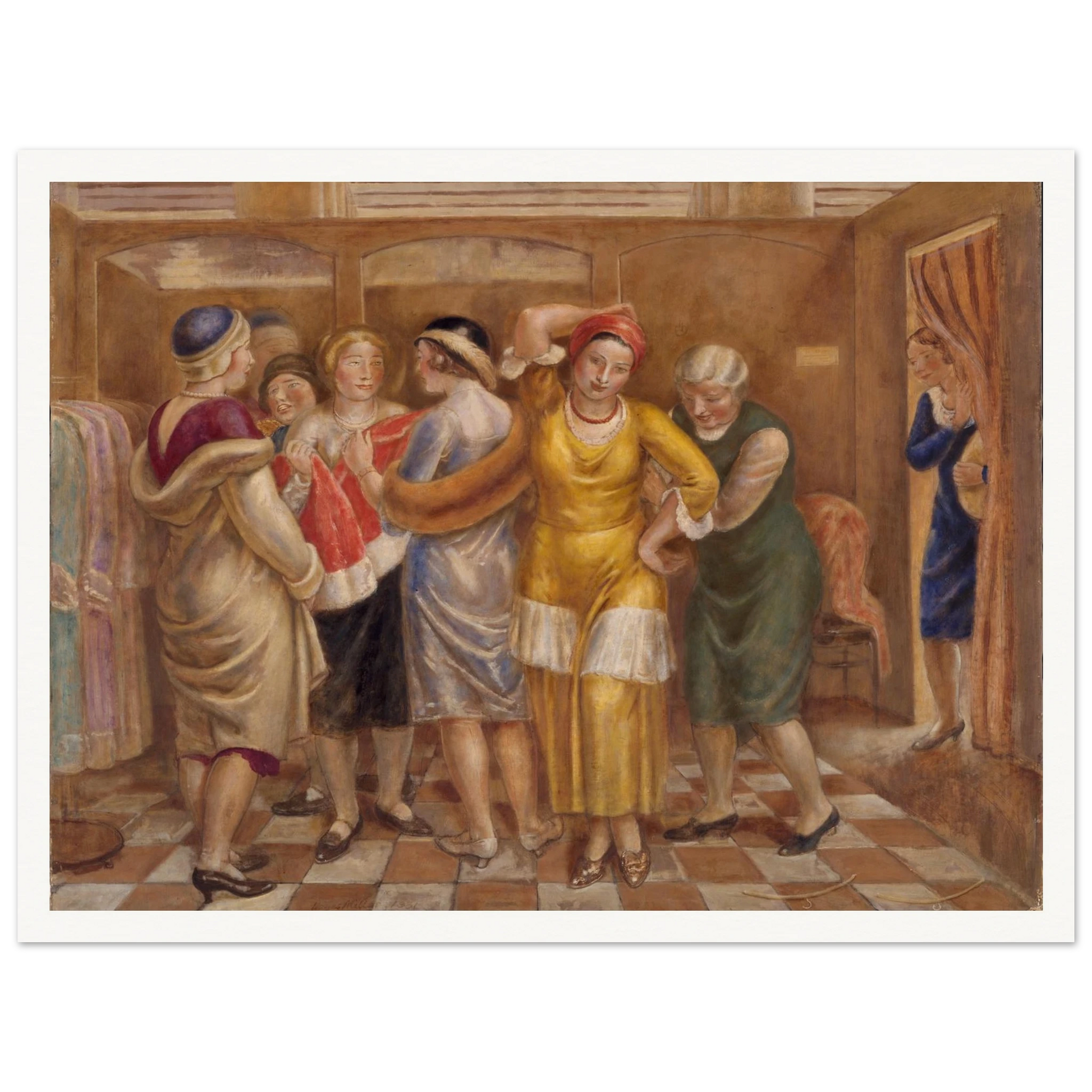 Women try on dresses in a fitting room with wooden stalls and a checkered floor