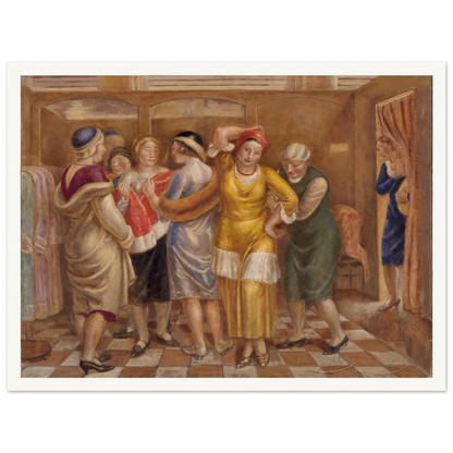 Women try on dresses in a fitting room with wooden stalls and a checkered floor