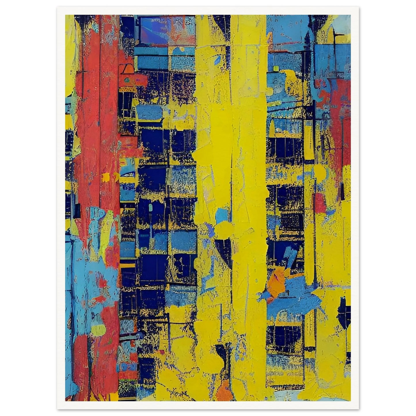 Vibrant abstract painting featuring bold strokes of red, yellow, and blue with a textured, geometric pattern.