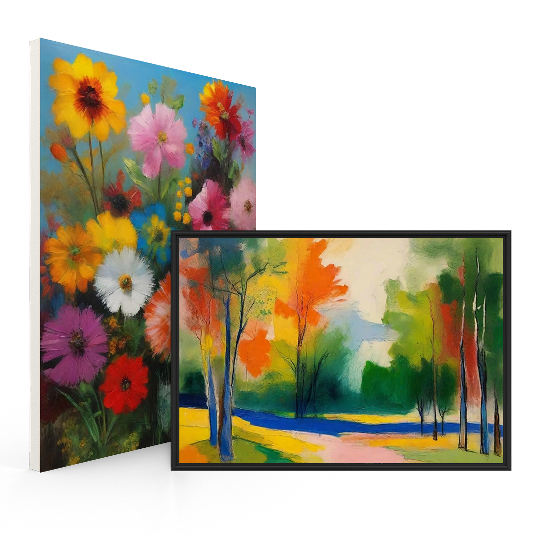 Two vibrant nature-inspired artworks featuring colorful flowers and a bright autumn landscape with trees, displayed against a transparent background.