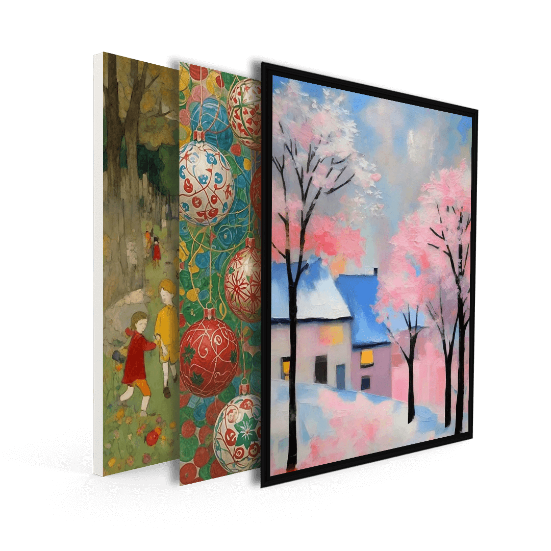 Set of three framed Christmas art pieces featuring festive ornaments, children in a winter landscape, and a snowy cottage with pink-hued trees.