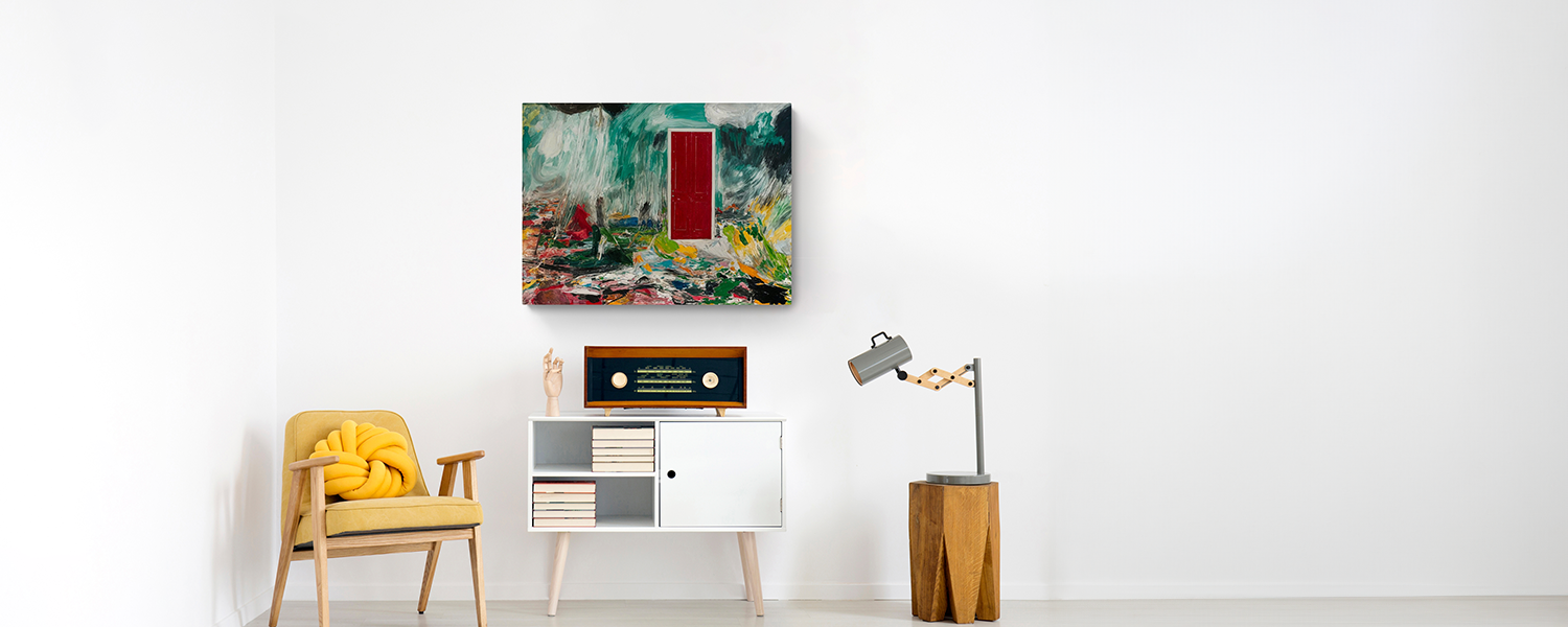 Modern living room with vibrant geometric wall art, a yellow armchair, white console with books, and a stylish floor lamp, creating a contemporary decor setting.