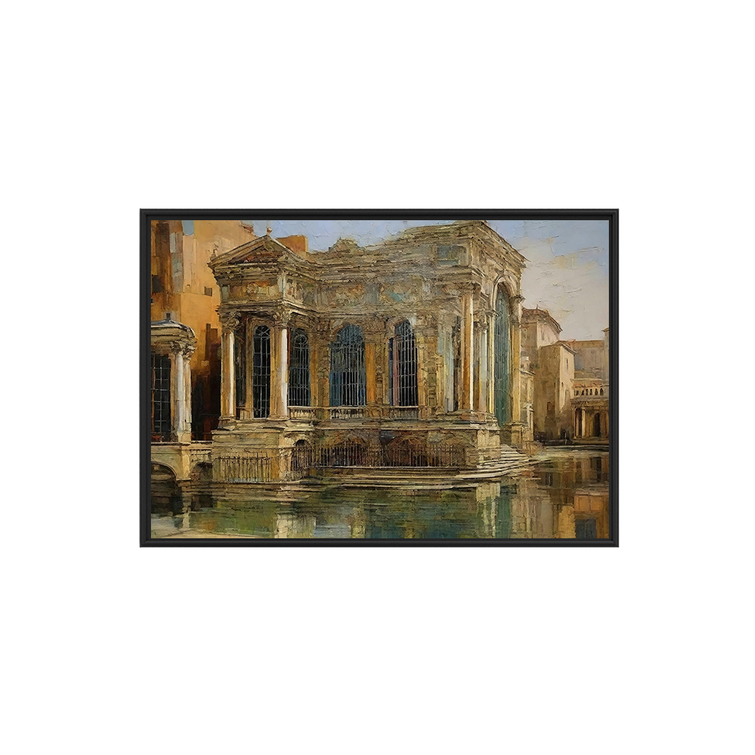 Classic architectural painting of an ancient building by the water, capturing intricate details and historic charm, perfect for elegant decor.