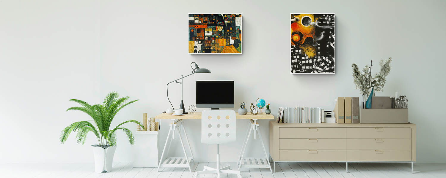 Modern home office setup with neutral tones, stylish desk decor, and abstract wall art displayed above a workspace featuring a computer and house plants.