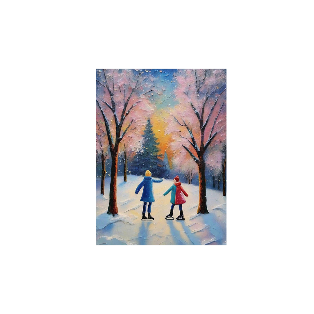 Enchanting winter painting of two people ice skating under pink snow-covered trees, with a Christmas tree in the distance and a colorful sunset sky.