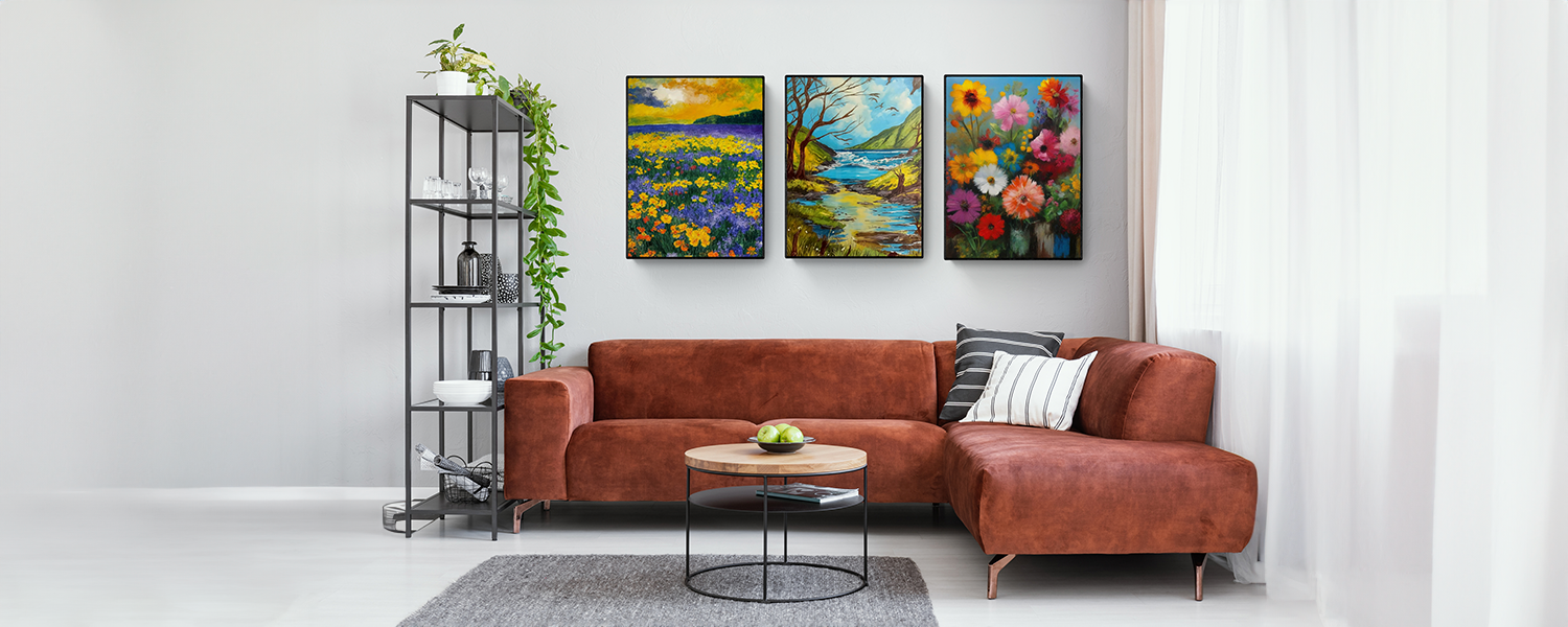 Contemporary living room with a rust-colored sectional sofa, minimalist decor, and three vibrant nature-themed paintings showcasing flowers and a serene landscape.