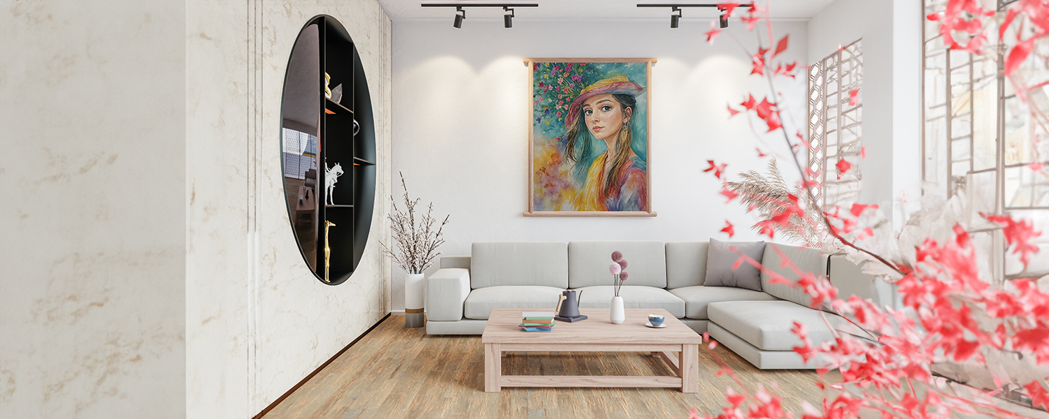 Elegant living room with a neutral sectional sofa, modern decor, and a vibrant portrait painting of a woman wearing a hat displayed above the couch.