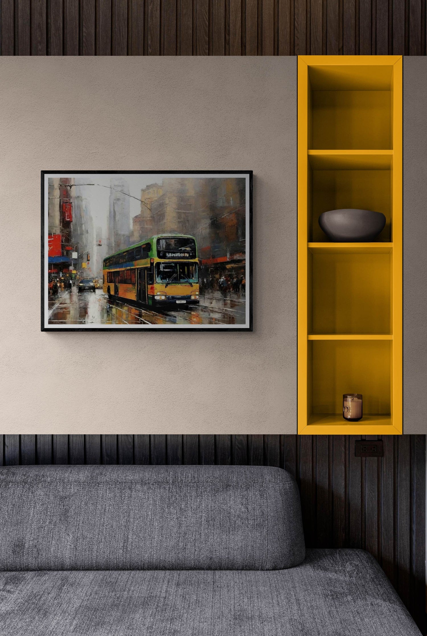 Contemporary room with a gray sofa, yellow shelving, and vintage transportation wall art featuring a bus in an urban cityscape.