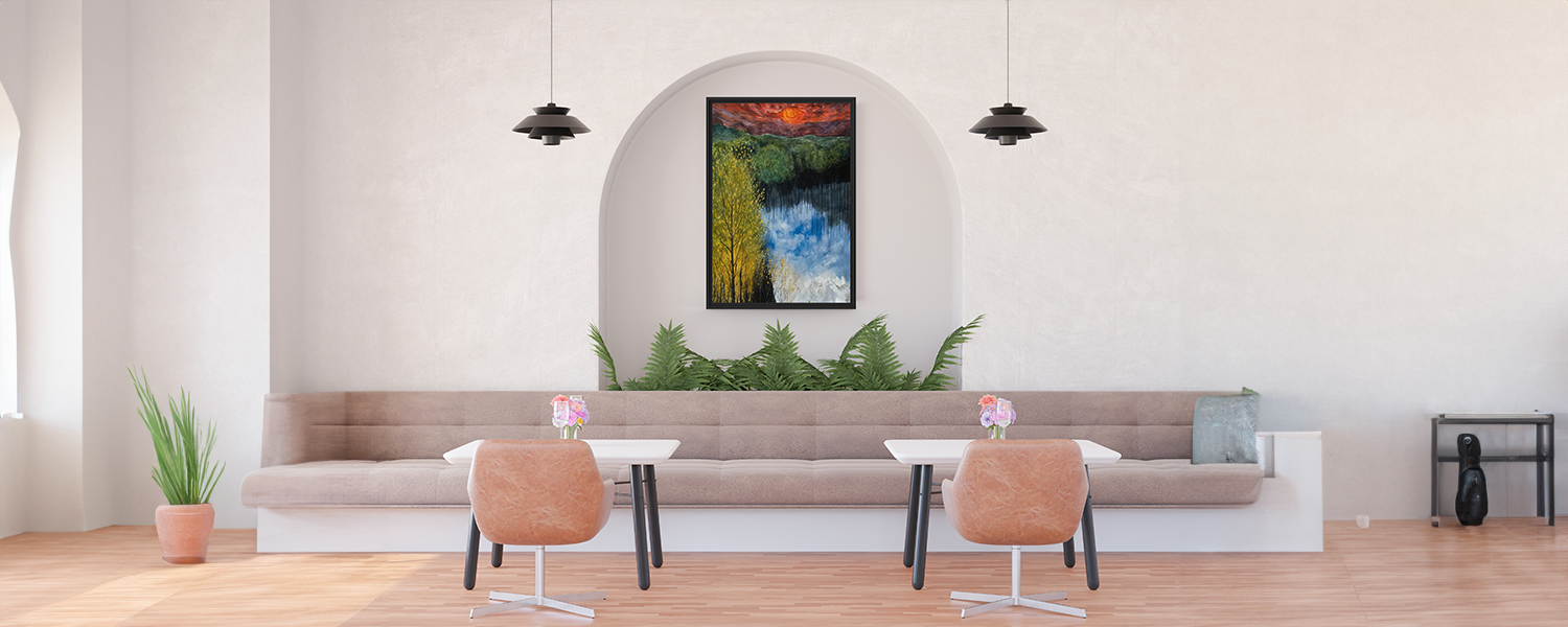 Minimalist dining space with neutral tones, featuring a landscape painting above a bench seat, leather chairs, and modern pendant lighting.