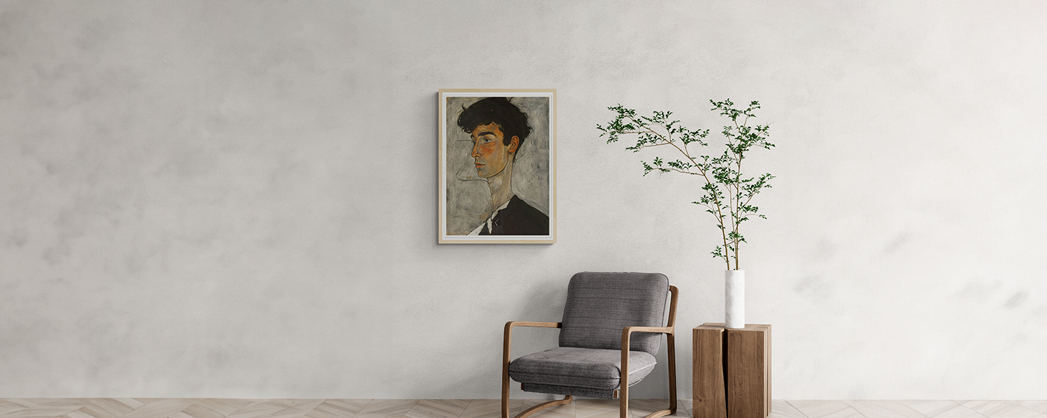 Minimalist living room with a framed portrait, gray armchair, and wooden side table with a vase, creating a serene and sophisticated atmosphere.