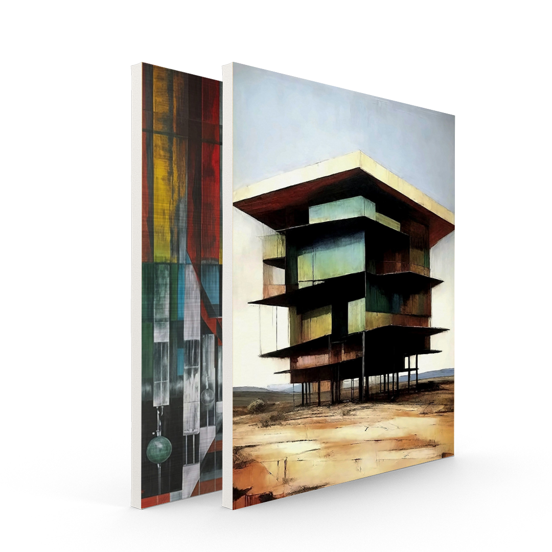 Set of two modern canvas wall art prints featuring abstract architectural and geometric designs, ideal for contemporary lobby spaces.